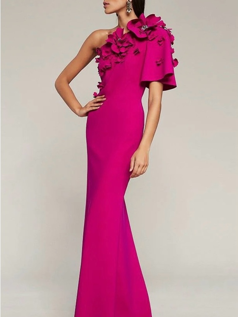 FRASCARA 4030 One-Shoulder Fuchsia Floral Appliqué Formal Gown
